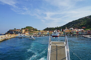 View of Giglio Porto from the sea, Tuscan Archipelago, Italy