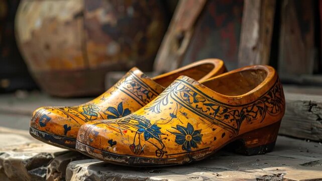 Artistic Wooden Clogs, Dutch Footwear Decorated with Floral Patterns, Traditional Crafts