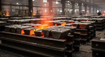 Fototapeta premium Molten Metal Ingots Cooling in a Foundry Industrial Manufacturing and Production