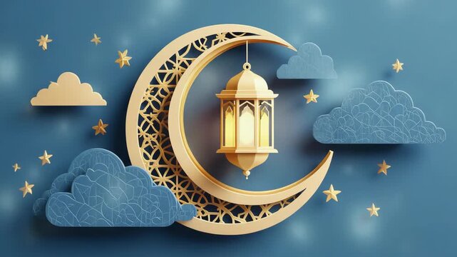 islamic ramadan background, golden crescent moon with glowing lantern inside, layered clouds in blue and gold, small shining stars scattered in the night sky