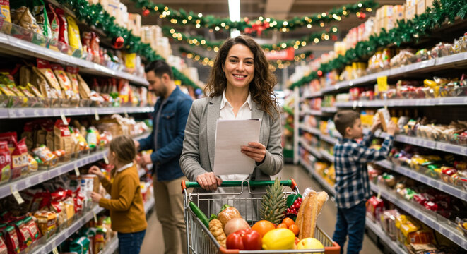Family shopping for Christmas groceries in supermarket, holiday meal preparation and festive decoration