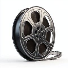 Obraz premium A professional black cinema film reel with celluloid on white, movie projection and motion picture industry.