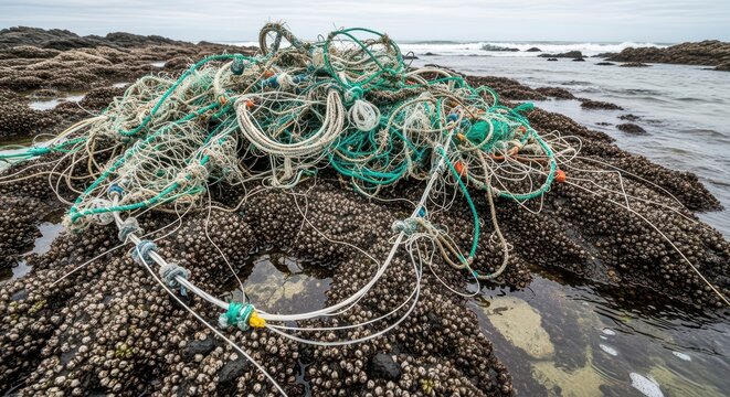 A large, tangled mass of discarded plastic fishing nets and ropes washed up on a rocky shore, a stark symbol of ocean pollution