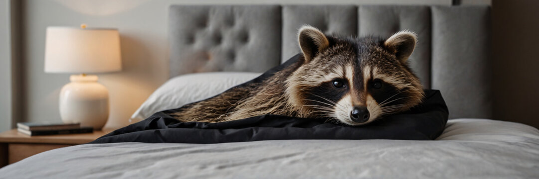 An adorable raccoon is cozily tucked under a white duvet in a bed, creating a charming and comforting scene