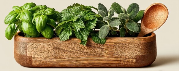 Fresh herbal plants in a wooden planter with rustic charm