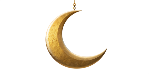 golden crescent moon with sparkling stars isolated on white background png, ai generated