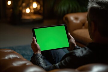 Young person holding a digital tablet with green screen in a dining room. Computer Mockup. Person using digital tablet green background display. Chroma key device. Closeup. Personal view. POV