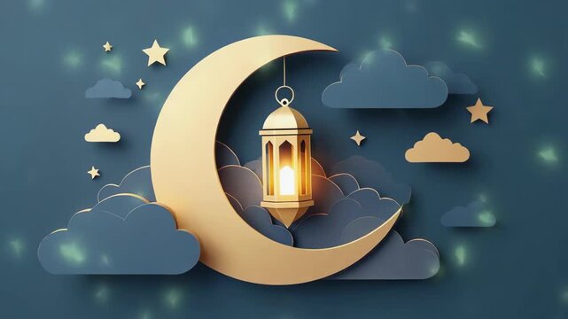 islamic ramadan background, golden crescent moon with glowing lantern inside, layered clouds in blue and gold, small shining stars scattered in the night sky