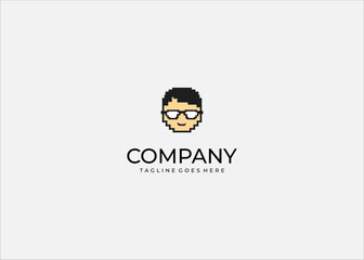 Pixel Art Head Avatar: Retro 8-bit Face Icon with Glasses, Nerd Gamer Geek Profile Picture, Vector Illustration.