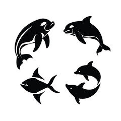 Solid Black Silhouette Vector Set of Marine Animal Logos