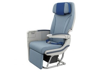 Modern airplane economy class seat with tray table