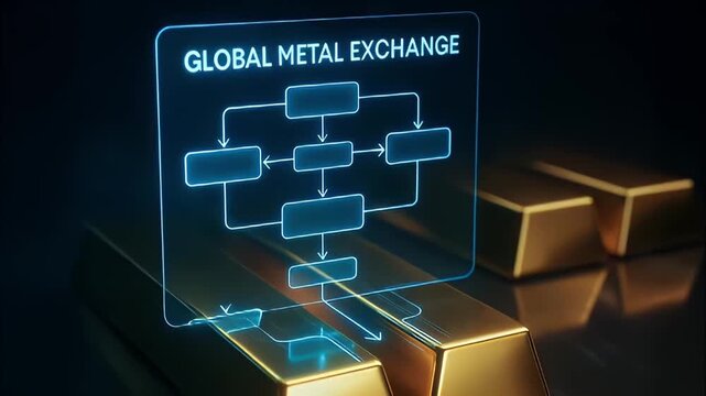 Holographic flowchart global metal exchange hovers above stacked gold bars conveying digital finance investment strategy with glowing blue hologram infographic and futuristic trading exchange