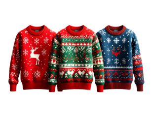Set of Three Festive Christmas Ugly Sweaters with Colorful Patterns isolated on transparent background PNG  