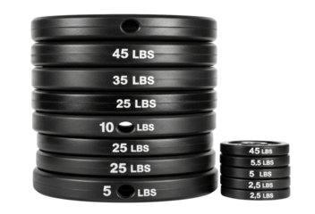 Stack of black weight plates with weights labeled transparent background cutout png