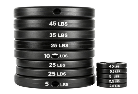 Stack of black weight plates with weights labeled transparent background cutout png