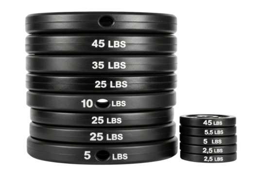 Stack of black weight plates with weights labeled transparent background cutout png