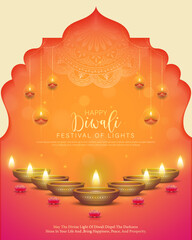 Happy Diwali - Vibrant Festival of Lights Celebration Background Poster Design With Decorative Diya.Indian Hindu Light Festival. Holiday Background. Vector Illustration.