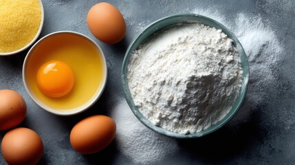 Flat lay of various ingredients for baking on a dark grey background. on the left side of the image, there is a small bowl of yellow sugar and an egg yolk. next to the bowl, there are six brown eggs.