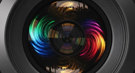 Abstract image of camera lens with colorful light effects for design