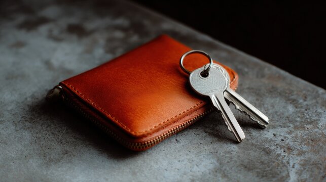 Small orange leather wallet with a keychain attached to it. the wallet is resting on a gray textured surface. the keychain is made of metal and has a loop at the top for attaching it to a keyring.