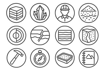 Geology Line Icons. Line style round icons of geology and minerals: rock layer, crystal, geologist, sediment; earth core, fault