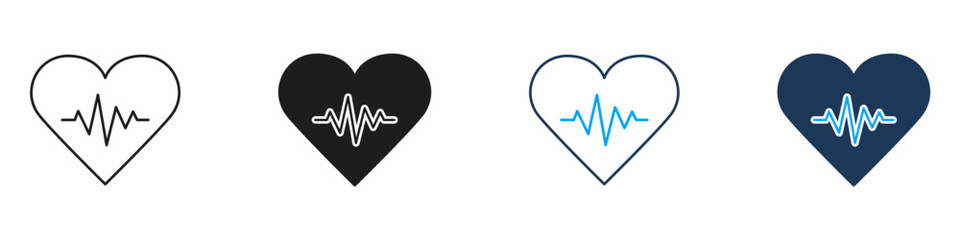 Heart With Pulse Line And Solid Icon Set. Cardiovascular Health And Heartbeat Monitoring Symbol Collection. Medical And Fitness Tracking. Isolated Vector Illustration