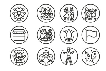 Festive Line Icons. Line style round icons of cultural festivities: fair ride, parade float, dancing couple, band; booth sign,