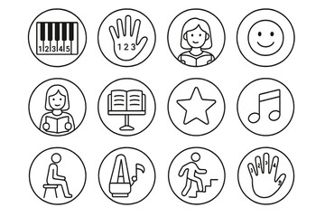 Piano Learning Icons. Line style round icons of beginner piano class: keyboard, numbered keys, hand chart, smile icon; teacher