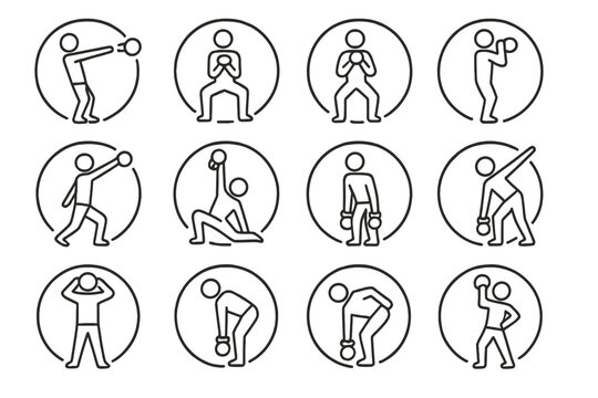 Kettlebell Movement Icons. Line style round icons of kettlebell movements: swing, goblet squat, clean, press; snatch, Turkish