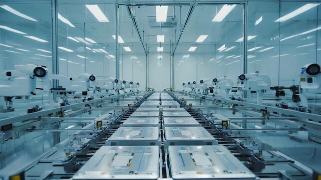 lithium-ion battery modules on automated conveyor in a modern factory, energy storage production line