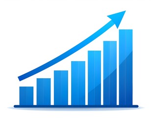 A blue bar graph with an arrow pointing upwards indicating growth and positive trend line