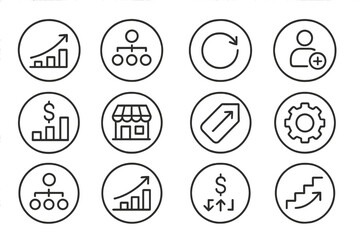 Fototapeta premium Business Growth Icons. Line style round icons of scaling a business: growth curve, delegation icon, repeat process, new hire;