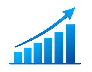 A blue bar graph showing an upward trend with a blue arrow pointing upwards on white background