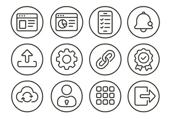 Fototapeta premium Digital Tool Icons. Line style round icons of tools and platforms: PM software icon, dashboard window, mobile task app,