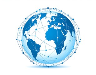 A digital blue globe surrounded by a network of connected lines and nodes on white background