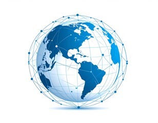 Fototapeta premium A blue globe surrounded by a network of interconnected lines and nodes on white background