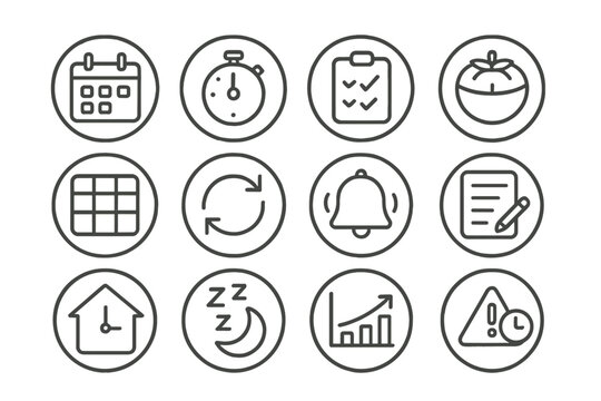 Time Management Icons. Line style round icons of time management at home: calendar app, focus timer, task checklist, pomodoro