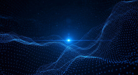 Abstract Digital Blue Particles Waveform Light Glowing Background