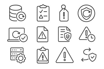 Business Continuity Icons. Line style round icons of business continuity: backup icon, risk plan, emergency tag, continuity shield
