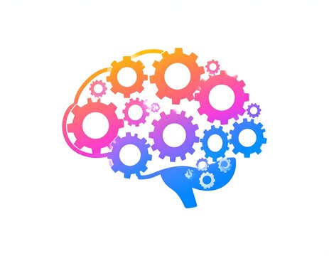 A colorful brain outline filled with gears of varying sizes on a plain white background