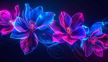 Vibrant neon flowers in blue, magenta, and violet hues, glowing outlines, futuristic floral abstract art with dark background.