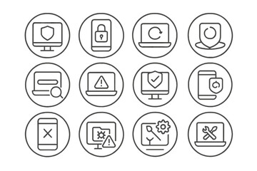 Endpoint Security Icons. Line style round icons of endpoint security: desktop shield, mobile lock, software update, scan progress;