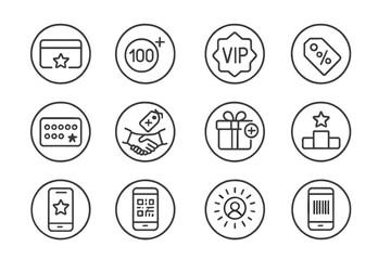 Loyalty Program Icons. Line style round icons of loyalty programs: rewards card, point balance, VIP badge, member discount; punch
