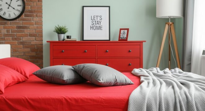 Cozy bedroom retreat featuring a bright red bed and modern decor with warm wood accents