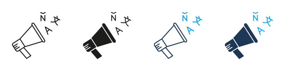 Megaphone With Spanish Letters Line And Solid Icon Set. Language Promotion And Communication Symbol Collection. Multilingual Outreach And Cultural Expression. Isolated Vector Illustration