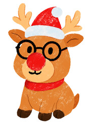 Cute Christmas reindeer illustration wearing a Santa hat and glasses. Hand drawn style, texture similar to crayon.