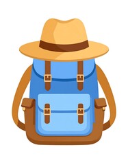 Blue backpack with light brown hat, ready for outdoor adventures