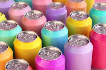 Colorful aluminum cans of soda background. Top view, macro. Recycle metal can with drops. Beer, carbonated water, cola, energy drinks cans. Recycling concept. Closeup view of many pastel beverage cans