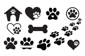 Paw Print Heart and Bone Vector Icons