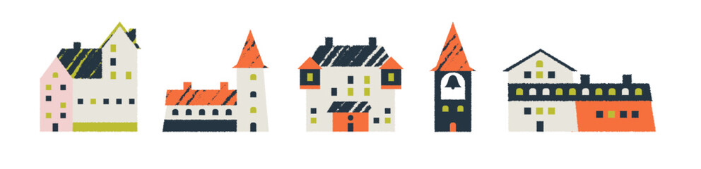Graphic set of tiny doodle houses for Swedish town streets and small village homes.